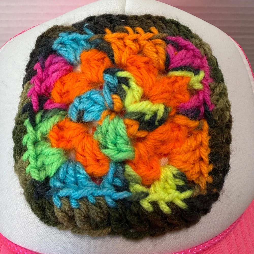 Handmade Crochet Granny Square Patch Trucker Hat Cap Neon Pink White Boho Unique